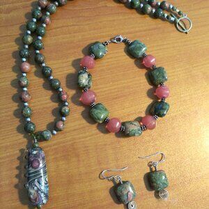Unakite Necklace, Bracelet and Earrings Set